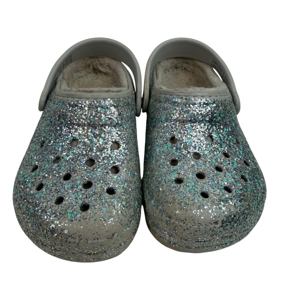 Crocs C 10 Toddler Classic Fuzzy Lined Glitter Clog Blue Comfort Closed Toe Shoe
